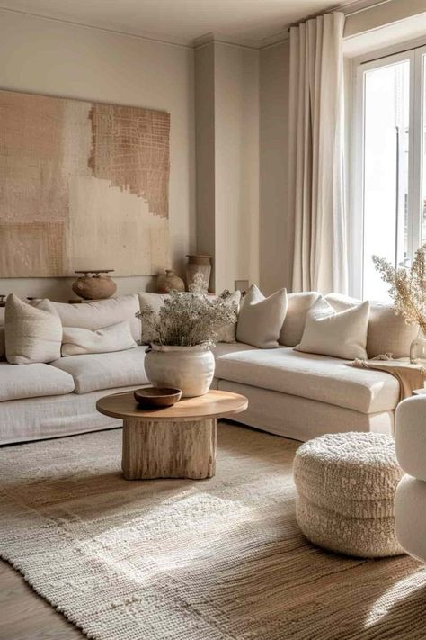 Natural Colors Living Room Decor, Industrial Beige Living Room, Neutral Color Living Room Decor, Beige And Natural Wood Living Room, Beige Home Decor Living Room, Beige Wall Living Room Ideas, Cosy Beige Living Room, Oatmeal Couch Living Room Ideas, Cream Living Room Ideas Cozy