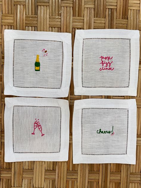 Embroidery Cocktail, Carly The Prepster, Embroidered Cocktail Napkins, Embroidery Napkins, Diy Napkins, Embroidered Napkins, Custom Napkins, Hand Embroidery Projects, 자수 디자인