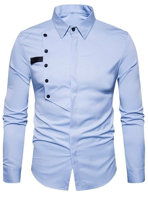 Cover Placket Buttons Design Shirt - LIGHT BLUE XL Cool Shirts For Men, Stylish Shirts Men, Buttons Design, Kemeja Lelaki, Nigerian Men Fashion, African Wear Styles For Men, Latest African Men Fashion, African Dresses Men, African Shirts For Men