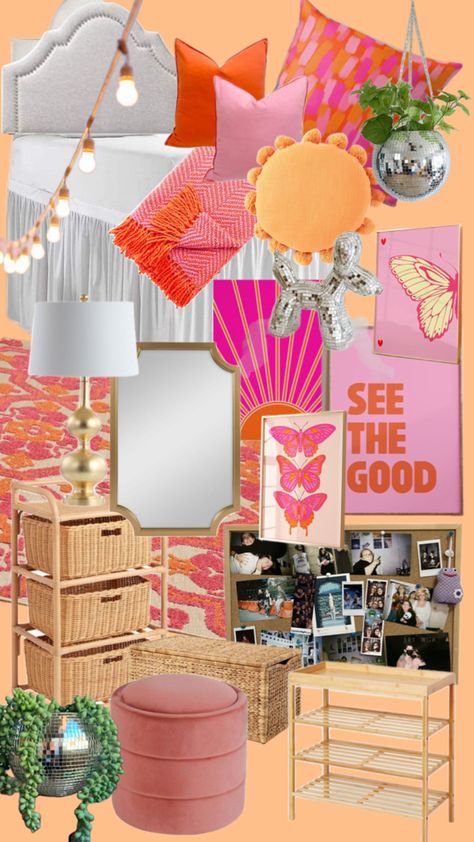 Dorm room theme, orange and pink Orange Room Decor, Hot Pink Bedrooms, Dorm Room Themes, Dorm Themes, Pink Dorm Rooms, Cheap Room Decor, Dorm Room Styles, Pink Dorm, Orange Rooms