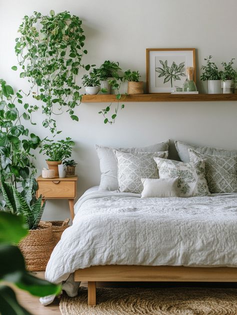 Transform your home bedroom into a peaceful oasis with vibrant greenery! 🛏️💚 Add a touch of nature and elegance with these stylish plant arrangements. Perfect for a serene and cozy ambiance. Explore now and refresh your space today! #HomeBedroomRefresh #InteriorDesign #PlantDecor Sage And Rattan Bedroom, Plant Over Bed, Plant Inspired Bedroom, Plant Wall Bedroom, Greenery Bedroom, Bedroom With Plants, Plant Bedroom, Botanical Bedroom, Rattan Bedroom