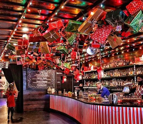 Christmas Decor In Restaurant, Restaurant Holiday Decorations, Dive Bar Christmas Decor, Christmas Decor Restaurant Ideas, Holiday Pop Up Bar, Christmas Restaurant Decor, Christmas Bar Decorations Restaurant, Restaurant Holiday Decor, Christmas Bar Decor