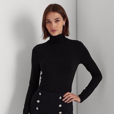 Made from soft jersey with a touch of stretch this figure-skimming turtleneck makes an essential layer for the season. Jersey Turtleneck, Women Ralph Lauren, Womens Jersey, Black Turtleneck, Roll Neck, Jumpers And Cardigans, Lauren Ralph Lauren, T Shirt Top, Women Brands