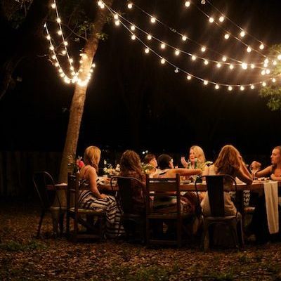 Hipster Dinner Party - festoon lights work really well in trees, from shepherd hooks in string lines Garden Party Lights, Backyard Dinner Party, Outdoor Dinner Parties, Dinner Party Summer, Garden Party Decorations, Outdoor Dinner, Festoon Lighting, Party Lights, Backyard Party