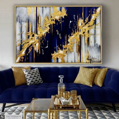 Oil Painting Abstract Modern, Blue And Gold Living Room, Victoria Art, Gold Living, Gold Abstract Painting, Blue Living Room Decor, Gold Living Room, Living Room Green, Artwork For Home