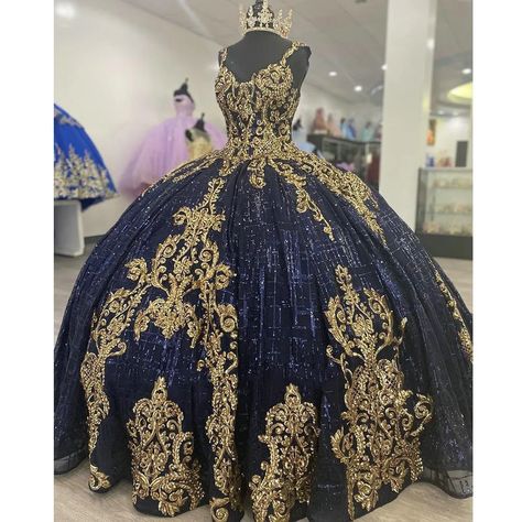 Blue And Gold Ballgown, Midnight Blue And Gold Quinceanera Dresses, Navy Blue Quince Dresses With Gold, Dark Blue And Gold Quince Dress, Quince Dresses Navy Blue And Gold, Dark Blue With Gold Quinceanera Dresses, Navy And Gold Quinceanera Dresses, Quinceñera Dresses Navy Blue, Quince Navy Blue Dresses