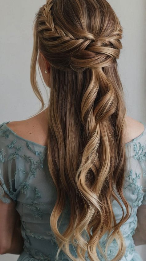 bridesmaid hairstyle Braided Half Up Half Down Hair Front View, Medium Length Viking Braids, Round Face Half Up Half Down, Greek Mythology Hairstyles, Bridal Hair Half Up Front View, Braided Half Up Half Down, Front Braid Hairstyles, Half Up Half Down Braids, Half Up Braid