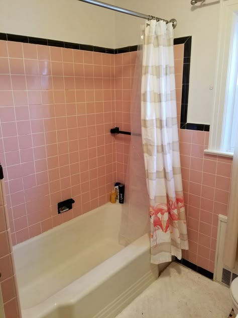 How To Save A Pepto-Bismol Pink Bathroom Pink Tile Bathroom Makeover, Vintage Pink Tile Bathroom, Pink Tile Bathroom Ideas, Pink Vintage Bathroom, Ideas For A Small Bathroom, Pink Tile Bathroom, Pink Bathroom Tiles, Pink And Black Bathroom, Retro Pink Bathroom