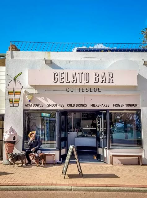 man and two staffy dogs outside gelato bar cottesloe