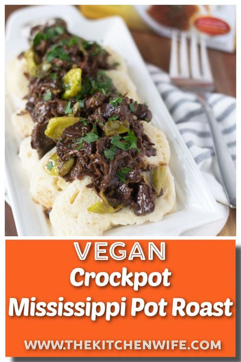 A platter of the Vegan Mississippi Pot Roast on a bed of bread dumplings Pot Roast Crockpot Easy, Roast Recipe Crockpot, Pot Roast In Crockpot, Pot Roast Mississippi, Crockpot Mississippi Pot Roast, Mississippi Pot Roast Crockpot, Roast In Crockpot, Pot Roast Crockpot, Roast Mississippi