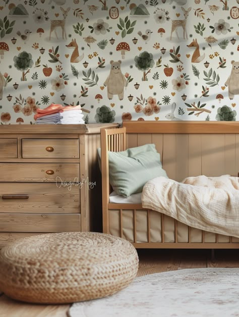 Colorful Woodland Nursery, Mural Wall Nursery, Nursery Woodland Wallpaper, Nursery Wallpaper Gender Neutral, Sage And Tan Nursery, Woodland Theme Nursery Gender Neutral, Woodland Wallpaper Nursery, Baby Boy Nursery Room Inspiration, Nursery Ideas Animals