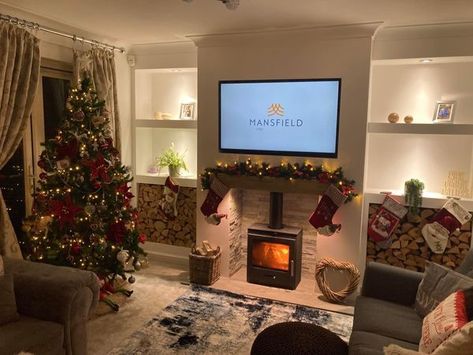 Media Wall With Log Burner, Future House Aesthetic, Log Burner Living Room, Alcove Cupboards, Media Walls, Office Farmhouse, Log Fire, Log Fires, Farmhouse Industrial