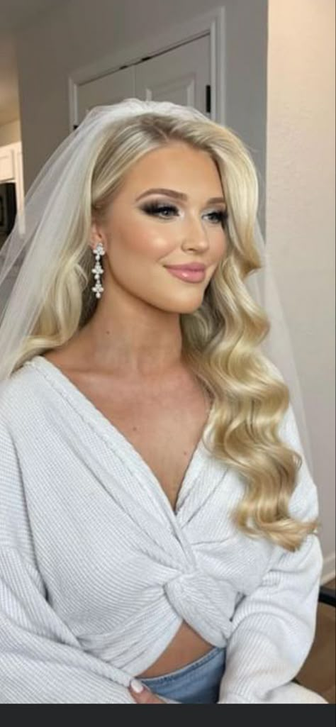 Long Wave Wedding Hair, Wedding Hair Down To The Side, Hollywood Bride Hair, Long Blonde Wedding Hair With Veil, Wedding Hair Slicked Bangs, Wedding Hair For Mermaid Dress, One Side Pinned Back Hair Wedding Curls, Hair For Off The Shoulder Dress Wedding, Bride Hair Curly Down