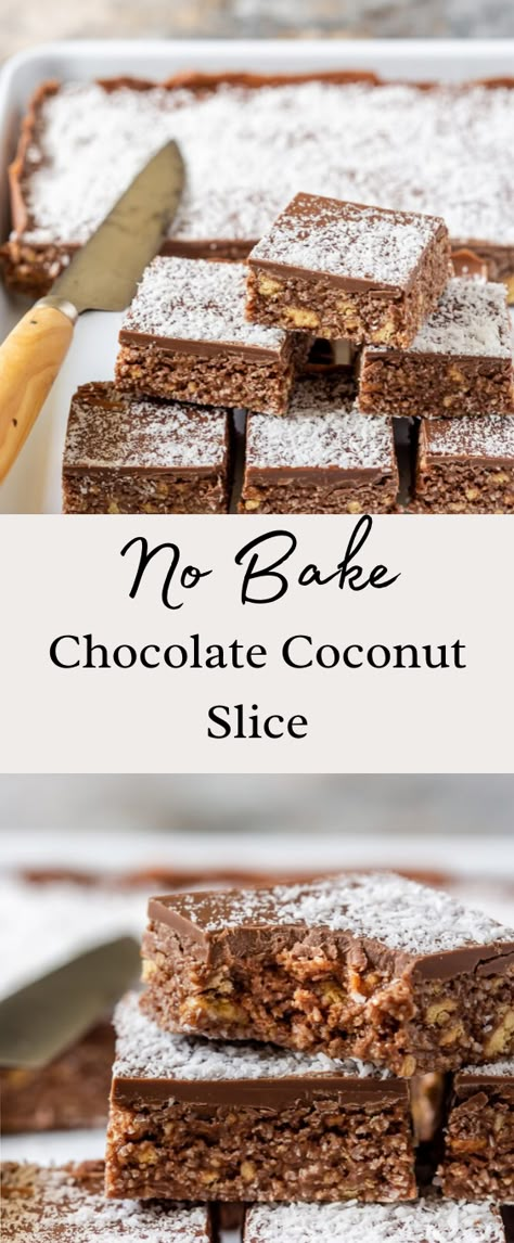 No Bake Chocolate Slice, No Bake Chocolate Slice Recipe, Chocolate Biscuit Slice, Chocolate Coconut Bars Recipe, No Bake Slices Healthy, Coconut Slice Recipe, Slices Recipes Easy No Bake, Snack Ideas Easy Quick No Bake, No Bake Traybakes