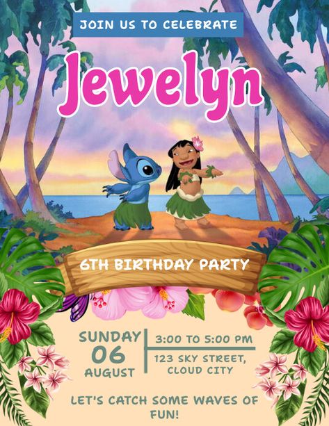 Lilo and Stitch Luau Birthday Party Invitations, Luau Party Invitations, Luau Invitations, Birthday Party Invitations Free, Stitch Birthday, Luau Birthday Party, Hawaiian Birthday Party, Hawaiian Birthday, Bday Invitations