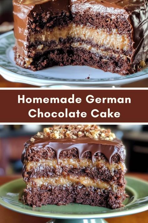 Homemade German Chocolate Cake Bakers Cake Recipe, Authentic German Chocolate Cake Recipe, German Chocolate Topping, Chocolate German Cake Recipes, Home Made German Chocolate Cake Recipe, German Chocolate Icing Recipe, Birthday Dessert Ideas Easy, German Chocolate Frosting Recipe, Bakery Cake Ideas