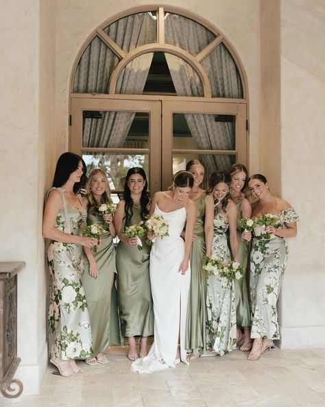 ARIZONA WEDDING PHOTOGRAPHERS - KAYLEE & ANDY | WEDDING TREND Bridesmaid dresses change the look and feel of the photos. We loved these mismatched green floral dresses Kathleen’s… | Instagram Mixed Green Bridesmaid Dresses, Beachy Bridesmaid Dresses, Light Green Bridesmaid Dresses, Olive Green Bridesmaid Dresses, Garden Wedding Bridesmaids, Patterned Bridesmaid Dresses, Olive Green Weddings, Mint Bridesmaid Dresses, Neutral Bridesmaid Dresses