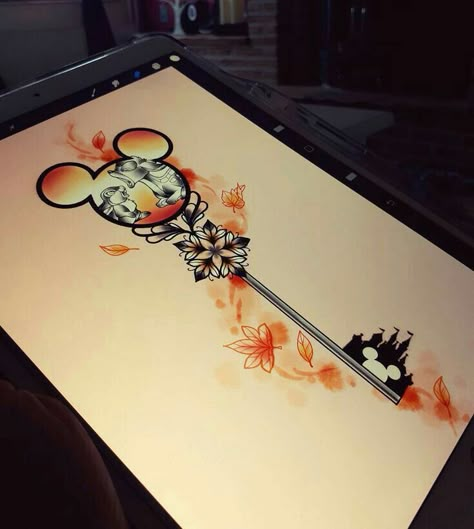 Disney Key Tattoo, Disney Art Projects, Key Drawing, Mickey Tattoo, Disney Sleeve Tattoos, Disney Sleeve, Key Tattoos, Key Tattoo, Disney Drawings Sketches