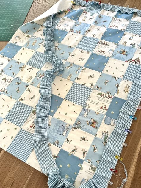 The Tales of Peter Rabbit- Patchwork Ruffle Baby Quilt - Square Patchwork Quilt, Checkerboard Quilt, Baby Boy Quilt Patterns, Peter Rabbit Fabric, Baby Quilt Size, Rabbit Fabric, Boys Quilt Patterns, Patchwork Quilting Designs, Square Patchwork