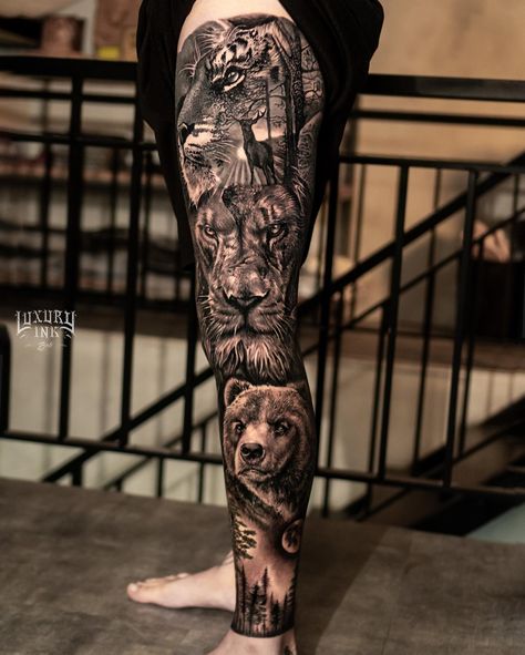 Sleeve Animal Tattoo, Tattoo Sleeve Animals, Animal Leg Sleeve Tattoo, Animal Leg Sleeve, Full Leg Tattoo, Leg Sleeve Tattoos, Bali Tattoo, Full Leg Tattoos, Animal Tattoo Ideas