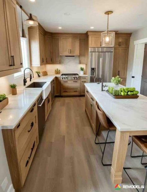 L Counter Kitchen, Kitchen Design Small L Shape, Large Kitchen With Island Open Concept, White Brown Kitchen Ideas, Farmhouse Kitchen L Shape, Single Wall Kitchen With Window, Small Kitchen Remodel U-shape Layout, Kitchen Remodel L Shaped Layout, Kitchen Ideas Maple Cabinets