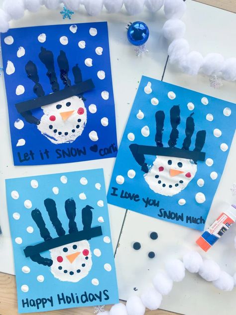 20 SIMPLE DIY Christmas Cards for Kids - ABCDee Learning Christmas Theme Crafts For Toddlers, January Childrens Crafts, Snowman Projects For Preschoolers, Snowman Lesson Plans For Toddlers, Winter Activity For Kids Preschool, Preschool Holiday Cards For Parents, Snow Man Art For Kids, Snow Man Craft For Toddlers, December Crafts Preschool Easy