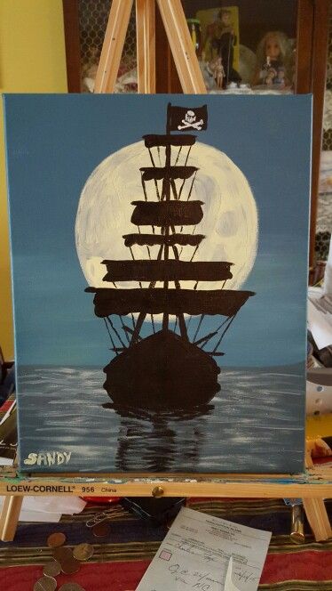 Pirate ship                                                                                                                                                                                 More Ship Paintings, Canvas Painting Designs, Simple Acrylic Paintings, Small Canvas Art, Nature Art Painting, Night Painting, Diy Canvas Art Painting, Beginner Painting, Amazing Art Painting