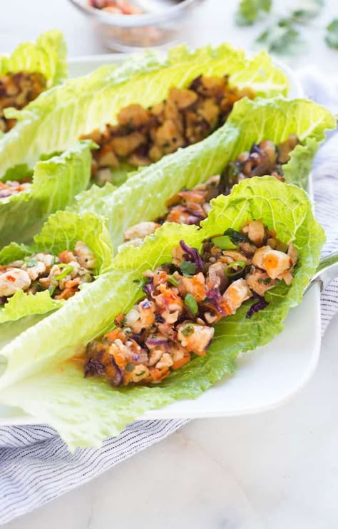 Thai Chicken Lettuce Wraps - Tastes Better From Scratch Side Dish With Chicken, Thai Chicken Lettuce Wraps, Salat Wraps, Sides For Chicken, Tastes Better From Scratch, Lettuce Wrap Recipes, Lettuce Wrap, Grape Salad, Chicken Lettuce Wraps