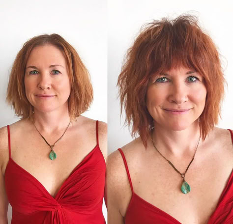 Copper Medium Shag for Older Women with Thick Hair Plus Size Hair Makeover, Shag Haircut Color Ideas, Chin Length Shaggy Haircuts, Funky Shag Haircut, Short Shag Fine Hair, Med Shag Haircut, Med Shag Hairstyles, Short Choppy Layered Hair, The Shag Haircut