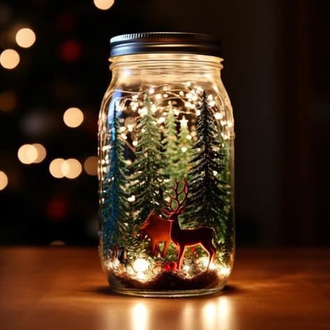 Snowy Mason Jars Diy Crafts, Light Up Jars Diy, Lighted Christmas Mason Jar Crafts, Christmas Craft With Mason Jars, Mason Jar Snow Globes Diy, Jar Night Light Diy, Christmas Diy Glass Jars, Mason Jar Christmas Scene, Small Jar Crafts Ideas