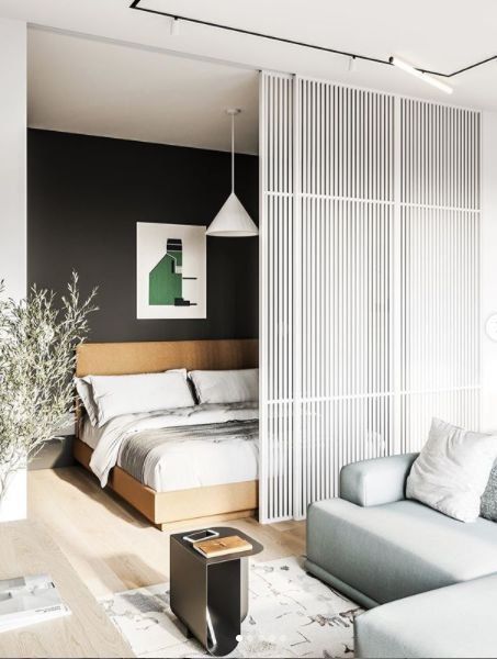 Studio Apartment Room Divider, Bedroom Divider, Studio Apartment Living, Studio Apartment Design, Living Room Divider, Studio Apartment Divider, Studio Apartment Layout, Living Room Partition, Living Room Partition Design