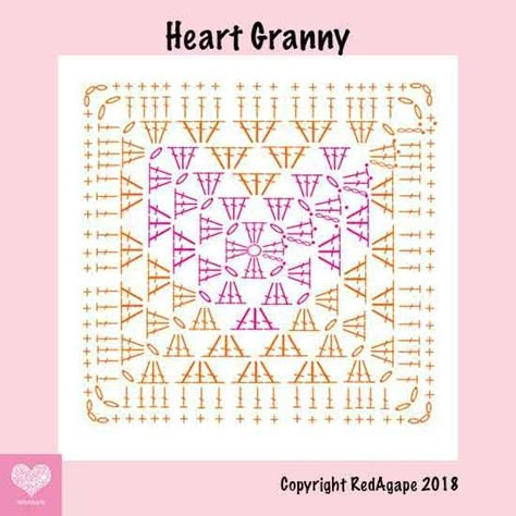 Crochet Heart Granny pattern diagram by RedAgape. Heart Granny Square, Granny Square Pattern Free, Granny Square Crochet Patterns Free, Granny Square Pattern, Crochet Heart Pattern, Mode Crochet, Pola Amigurumi, Valentines Crochet, Crochet Design Pattern