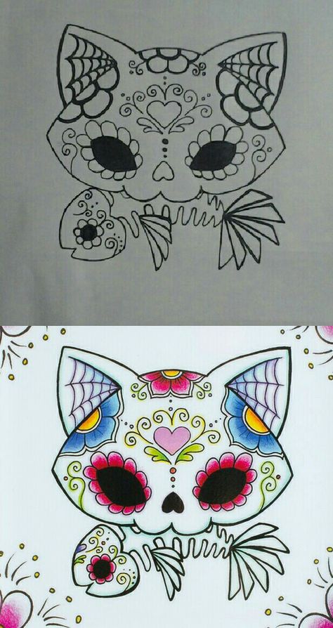 Sugar Skull Cat Sugar Skull Cat Tattoo, Work Of Art Tattoo, Cat Skull Drawing, Cat Skull Art, Sugar Skull Stencil, Cat Sugar Skull, Sugar Skull Art Drawing, Sugar Skull Drawing, Sugar Skull Painting