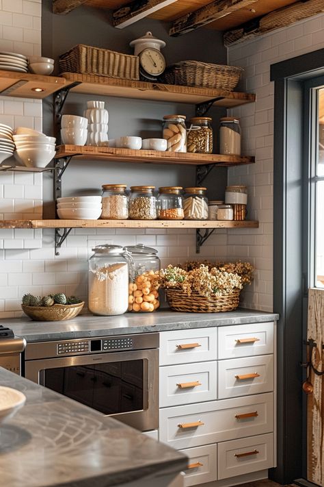 Home Decor Kitchen Floating Shelf Decorating Tips Interior Design Kitchen Decor Open Shelves, Open Shelf In Kitchen, Style Open Shelves, Kitchen Shelves Ideas, Kitchen Open Shelving Ideas, Floating Shelf Kitchen, Shelf Decorating, Small Farmhouse Kitchen, Kitchen Floating Shelves