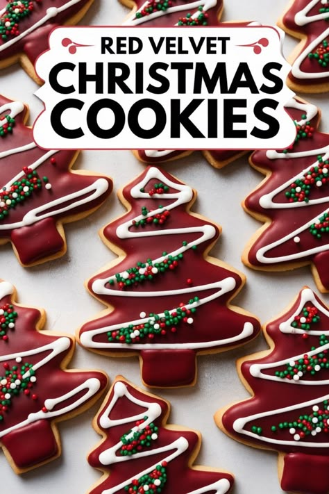 Red velvet Christmas tree-shaped cookies with icing and sprinkles. Green Velvet Cookies, Red Velvet Christmas Tree Cookies, Red Velvet Cookies Recipe From Scratch, Red Velvet Christmas Cookies, Cheesecake Loaf, Red Velvet Sugar Cookies, Red Velvet Cookies Recipe, Red Velvet Cookie Recipe, Red Velvet Christmas