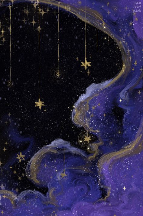 Dark Blue Astrology Aesthetic, Whimsigoth Aesthetic Art, Ipad Home Wallpaper Aesthetic, Whimsigoth Moon Art, Star Fantasy Aesthetic, Whimsigoth Phone Background, Dreamy Drawing Ideas, Moon Banner Aesthetic, Celestial Wallpaper Laptop