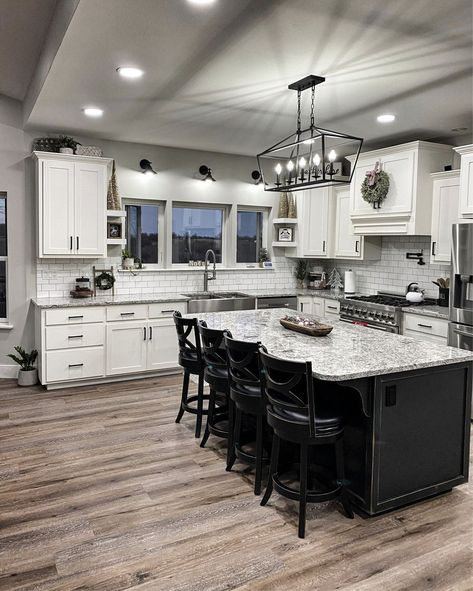 Black And White Farmhouse Kitchen, Open Kitchen And Living Room, Black Kitchen Island, New House - Kitchen, Farmhouse Kitchen Design, July 1st, Kitchen Inspiration Design, Modern Farmhouse Kitchens, Kitchen Redo