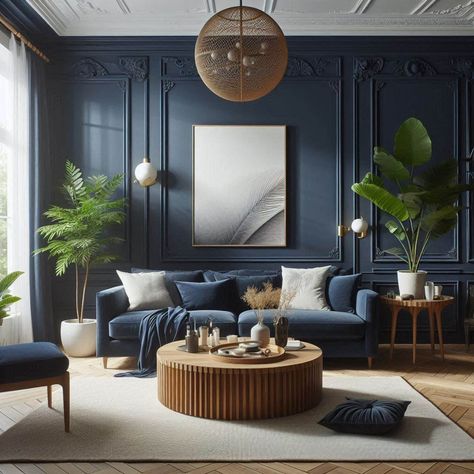 Navy Blue Living Room Navy Couch Dark Walls, Navy Blue Salon Ideas, Dark Blue Chairs Living Room, Brown And Dark Blue Living Room, Blue Panelled Living Room, Dark Colour Living Room, Dark Navy Blue Living Room, Small Navy Living Room, Navy Blue Lounge Ideas