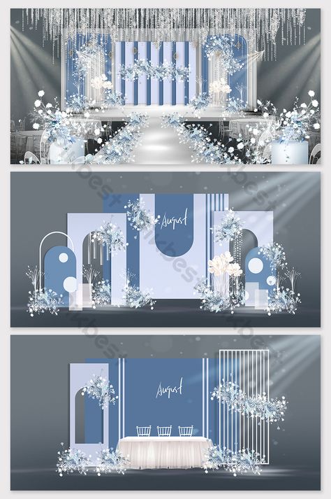 Wedding Backdrop Design Blue, Wedding Blue Theme Decoration, Blue Wedding Backdrop, Wedding Decorations Indoor, Blue Theme Wedding, Sangjit Decoration, Indoor Wedding Decorations, Blue Wedding Decorations, Wedding Stage Backdrop