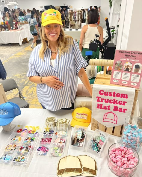 Custom Trucker Hat Bar Day 1 ⚡️🎀💫🌸🌊🤠 we had so much fun today @marketsformakers making hats with all of you! Swipe to see a few of the fun designs everyone created! ______ #customtruckerhat #hatbar #truckerhat #latruckerhatbar #longbeachca #longbeachcalifornia #laboutique Hat Patch Bar, Trucker Hat Party Ideas, Trucker Hat Party, Trucker Hat Ideas For Women, Hat Bar Party, Trucker Hat Bar Ideas, Hat Bar Display Ideas, How To Start A Hat Bar, Trucker Hat Bar Display Ideas