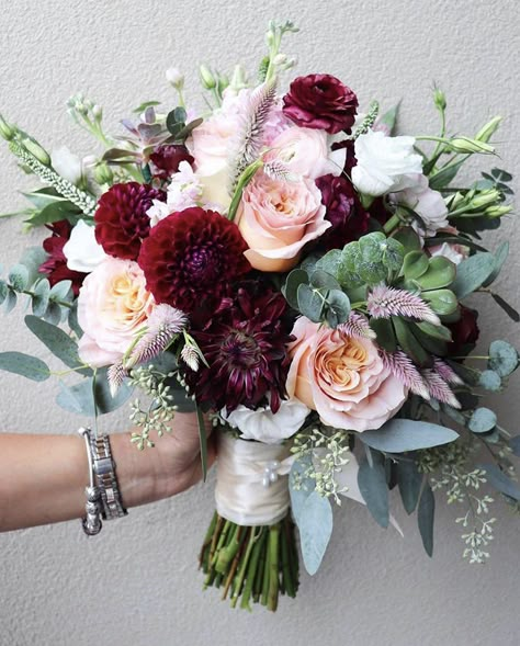 Floral Arrangements Burgundy, Maroon And Pink Wedding Bouquet, Burgundy And Blush Flower Arrangements, Burgundy Arch Flowers, Wine And Berry Tone Wedding, Autumn Wedding Bouquet Burgundy, Burgundy And Pink Wedding Bouquet, Rosewood Flower Bouquet, Maroon Flowers Wedding