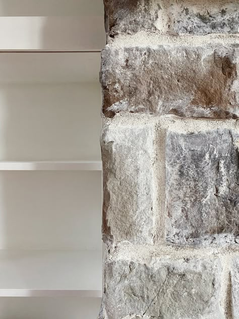 How-To: Overgrouting a Stone Fireplace — Little Reesor House Provia Stone Fireplace, Over Grouted Stone, Limestone Wash, Wood Duck House, Fireplace Mortar, Stone Fireplace Decor, Diy Stone Fireplace, Stone Fireplace Makeover, Stone Veneer Fireplace