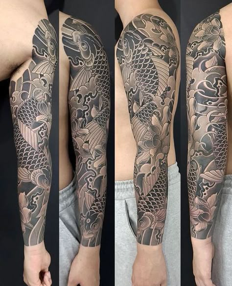 Chinese Sleeve Tattoos, Koi Fish Sleeve, Tattoos In Other Languages, Arm Tattoos Japanese, Ryu Dragon, Traditional Japanese Tattoo Sleeve, Black Sleeve Tattoo, Japanese Koi Fish Tattoo, Koi Tattoo Sleeve