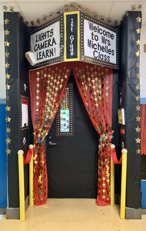 Hollywood Back To School Theme, Movie Theater Door Decoration, Movie Theater Signs Diy, Movie Theme School Decorations, Movie Theatre Decorations, Red Carpet Trunk Or Treat, Red Carpet Classroom Theme, Drama Room Ideas School, Movie Theme Vbs Decorations