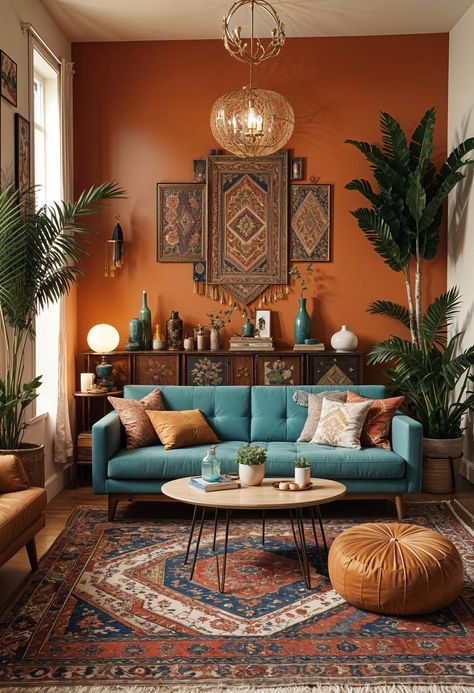 Living Room Boho Decor Ideas, Boho Living Room Colourful, Rust Boho Living Room, Boho Mid Century Modern Living Room Colorful, Bohemian Room Design, Living Room Designs Retro, 70s Style Decor, Lounge With Plants, Boho Blue Living Room