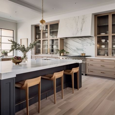 Mixed Upper And Lower Cabinets, Black Transitional Kitchen, Pill Shaped Island, Wood Kitchen With Black Island, Dark Island Light Cabinets, White Oak Kitchen With Black Island, Kb Homes Kitchen, Kitchen Island Transitional, Urbane Bronze Island