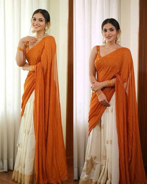 Dawani Designs, South Indian Dress, Onam Dress Ideas, South Indian Half Saree, Brown Closet, Onam Outfits Ideas, Onam Dress, Half Sari, Onam Outfits