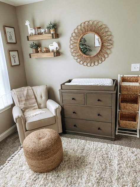 Mismatch Nursery Furniture Ideas, Baby Room Office Combo, Gender Neutral Nursery Small Space, Small Nursery Set Up, Boys Safari Nursery, Gender Neutral Baby Room Ideas, Nursery Set Up Layout Small Spaces, Gender Neutral Nursery Ideas Boho, Basic Nursery Ideas