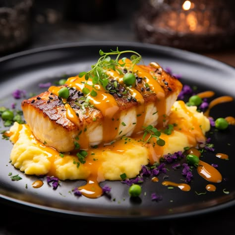 Pan-Seared Cod with Wasabi Sweet Potato Mash and Miso Glaze Gourmet Cod Recipes, Fish Entrees Gourmet, Fine Dining Entree Recipes, Sweet Potato And Fish, Restaurant Food Ideas Dishes, Gourmet Entree Recipes, Fish Dinner Party Recipes, Fine Dining Potatoes, Sea Food Dinner Ideas