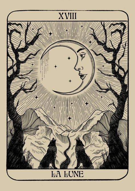 The Moon Tarot Illustrations, The Moon Tarot Drawing, The Moon Tarot Design, The Moon Tarot Painting, Tarot Tattoo Moon, The Moon Tarot Card Drawing, Sun Moon Tarot Card Tattoo, 8.5 X 11 Poster, Get You The Moon